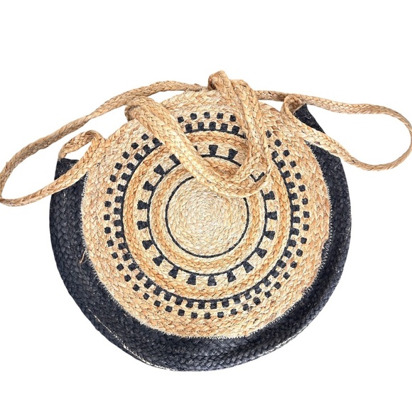 The Shanty Moroccan Round Crossbody Woven Jute Straw Beach Bag in Natural - Picture 2 of 11